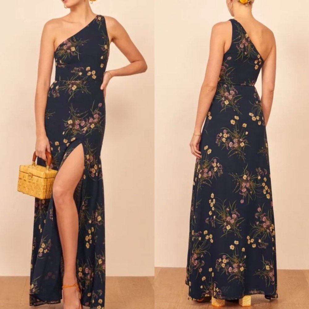 Reformation Evelyn Maxi Dress One Shoulder Mademoiselle Navy Blue Floral 2